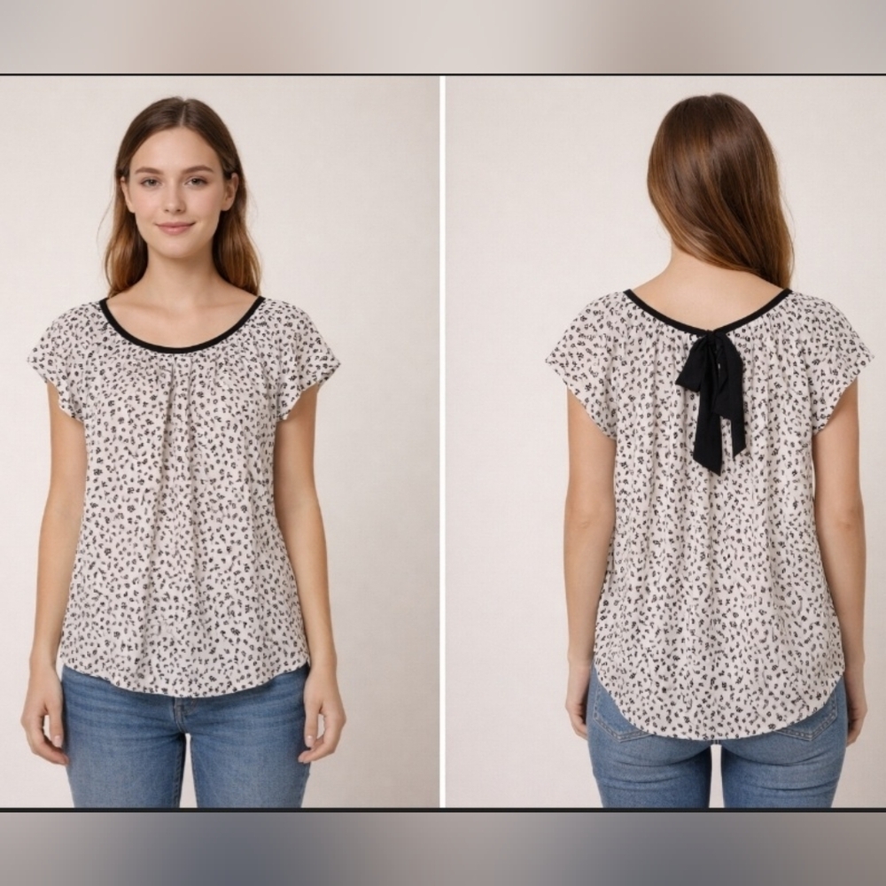 LC Lauren Conrad Black White Floral Print Tie Back Short Sleeve Blouse Small
